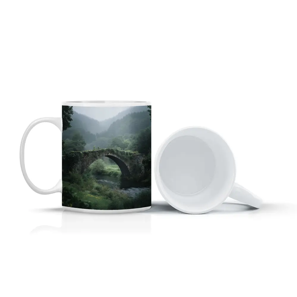 Ancient Stone Arch Bridge Misty Forest River – Mugs