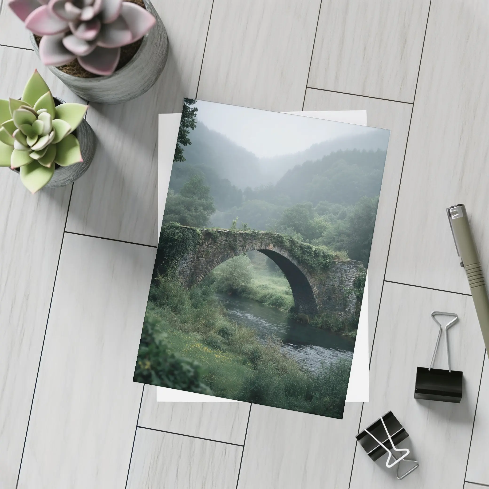 Ancient Stone Arch Bridge Misty Forest River – Postcards
