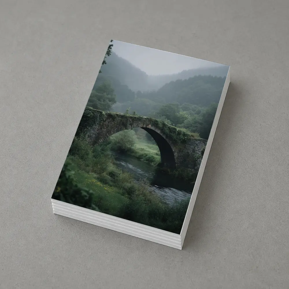 Ancient Stone Arch Bridge Misty Forest River – Postcards