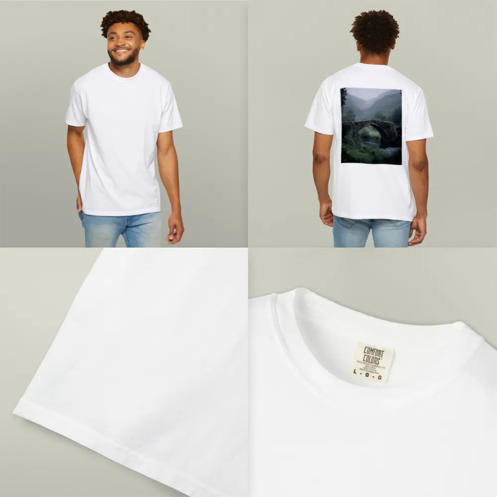 Ancient Stone Arch Bridge Misty Forest River – T-Shirts