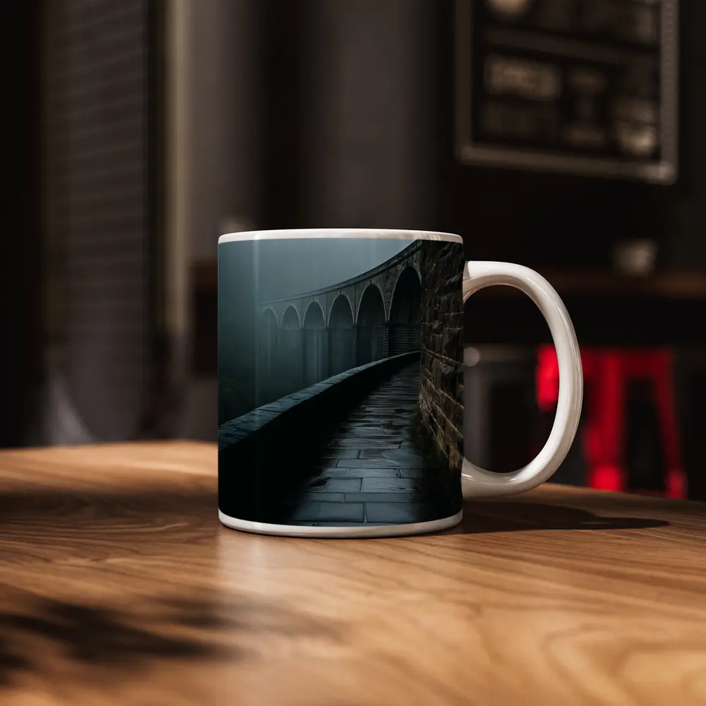 Stone Viaduct Bridge Foggy Misty Landscape – Mugs