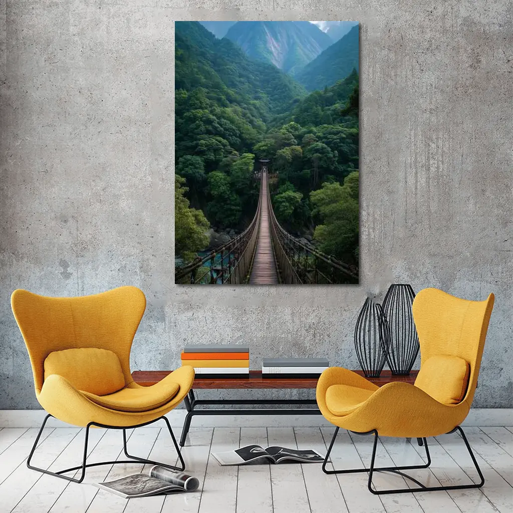 Wooden Suspension Bridge Green Mountain Forest – Wall Art
