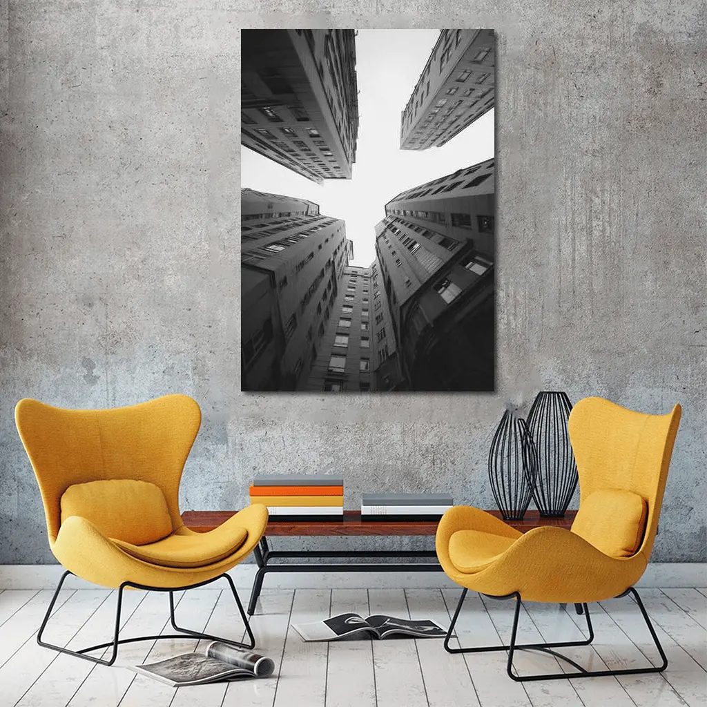 Looking Up Between Gray City Buildings – Wall Art