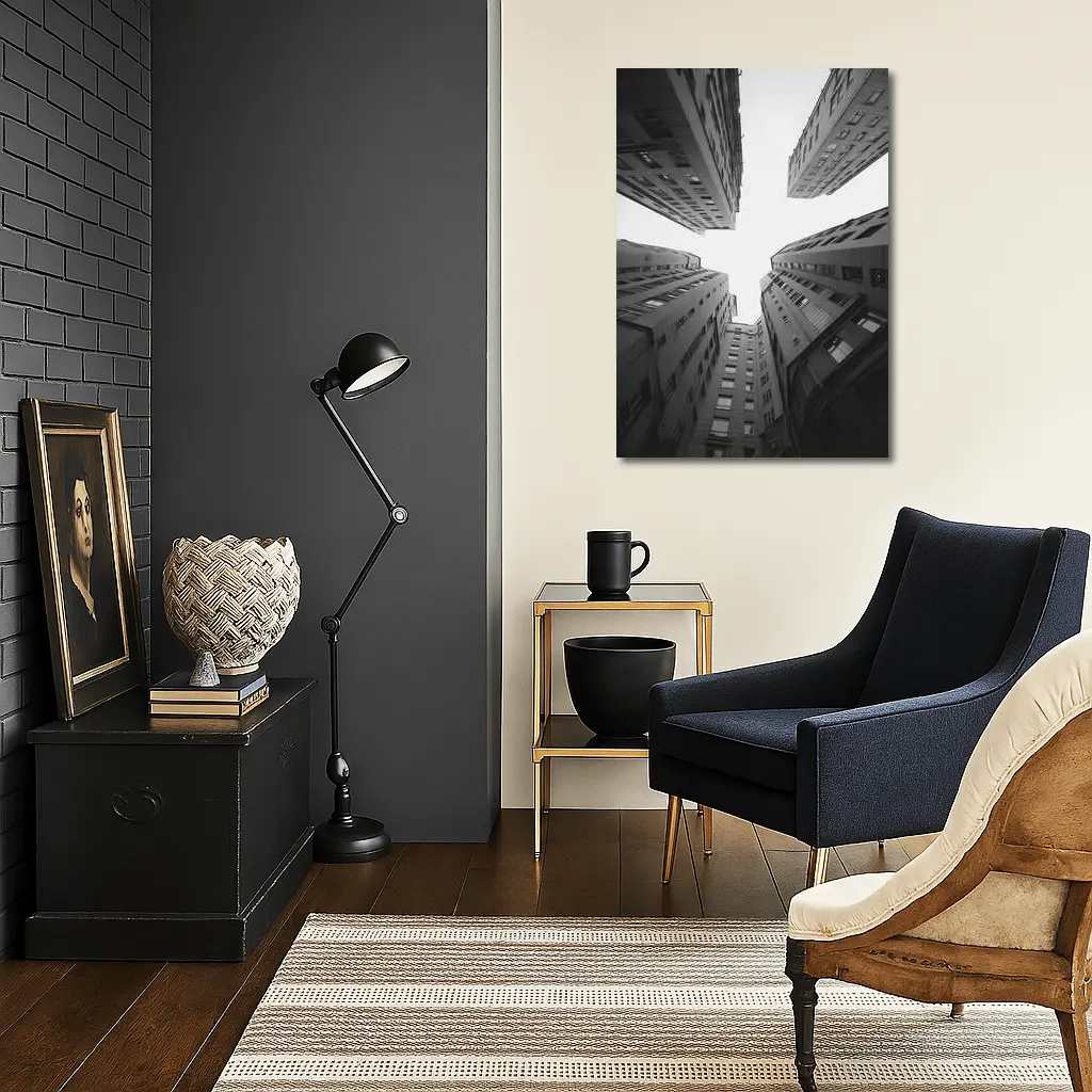 Looking Up Between Gray City Buildings – Wall Art