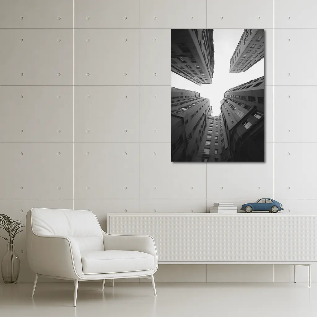 Looking Up Between Gray City Buildings – Wall Art