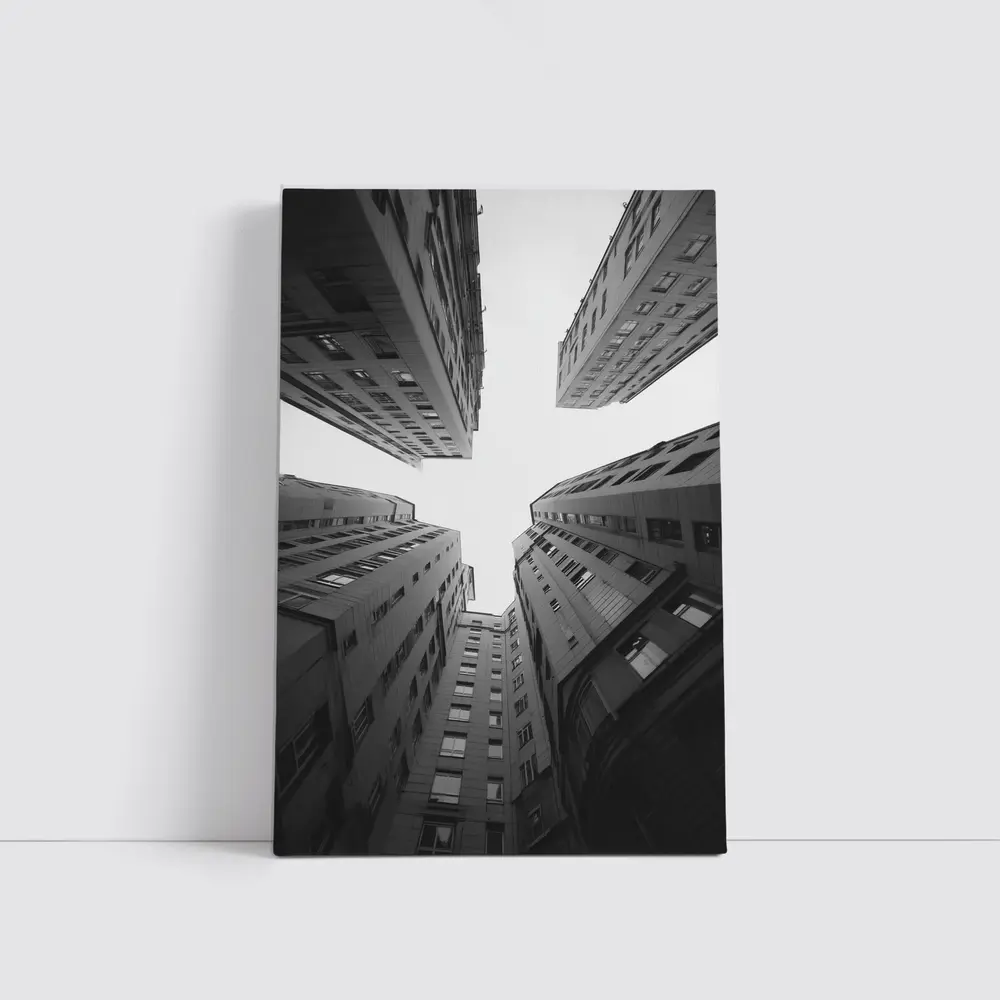 Looking Up Between Gray City Buildings – Wall Art