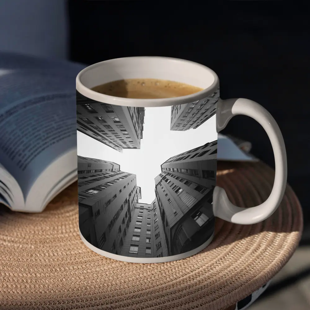 Looking Up Between Gray City Buildings – Mugs