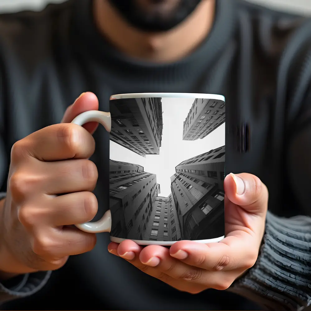 Looking Up Between Gray City Buildings – Mugs