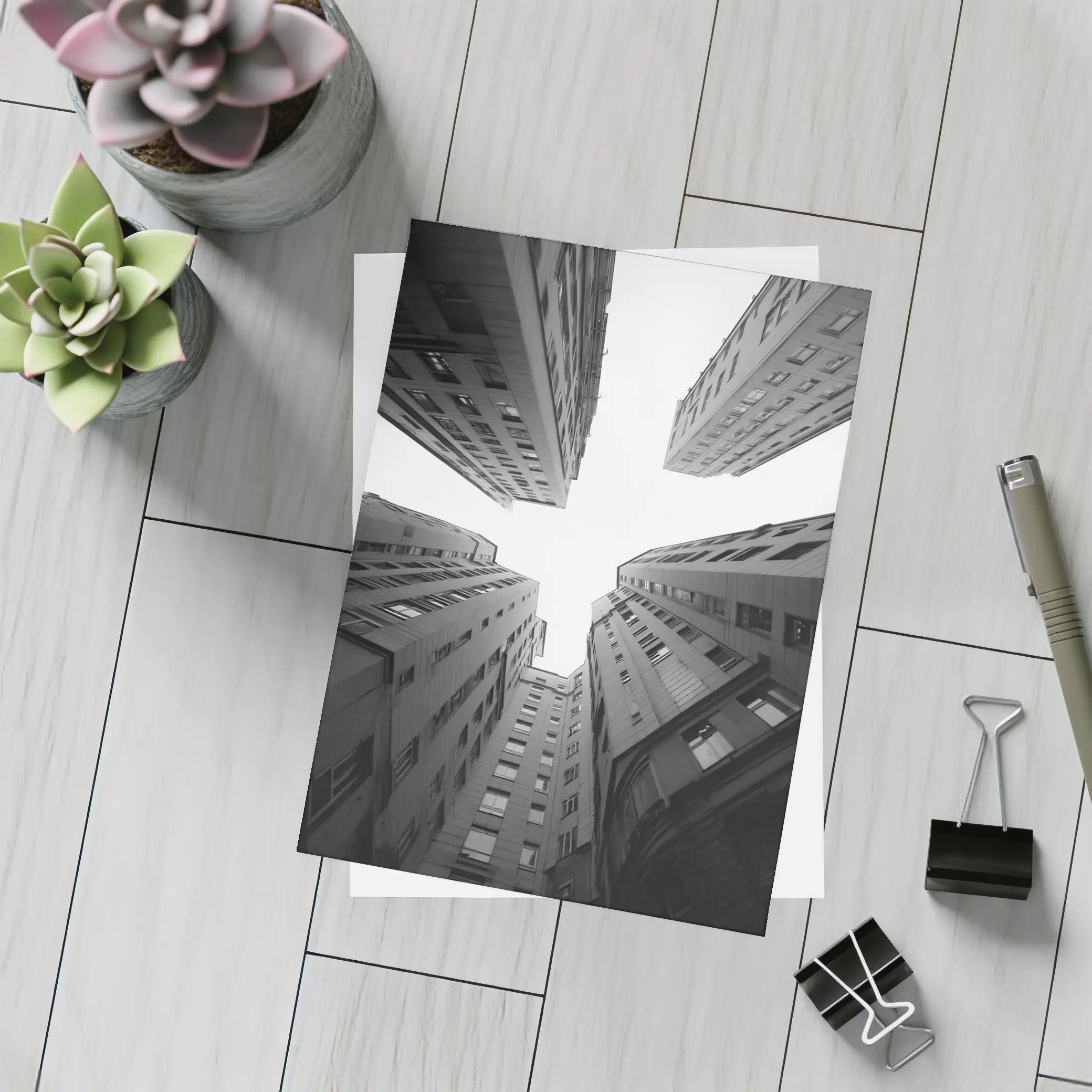 Looking Up Between Gray City Buildings – Postcards