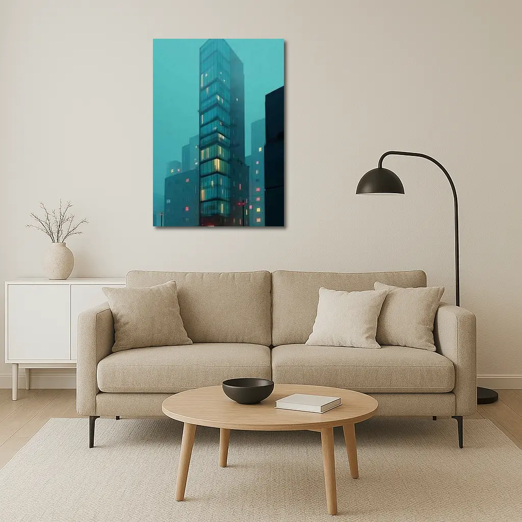 Foggy City Glass Tower Teal Night – Wall Art