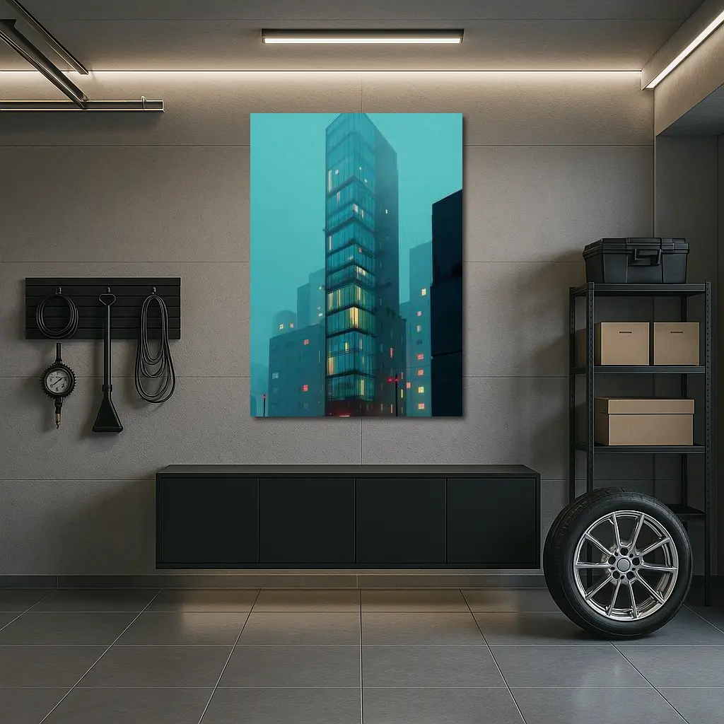 Foggy City Glass Tower Teal Night – Wall Art