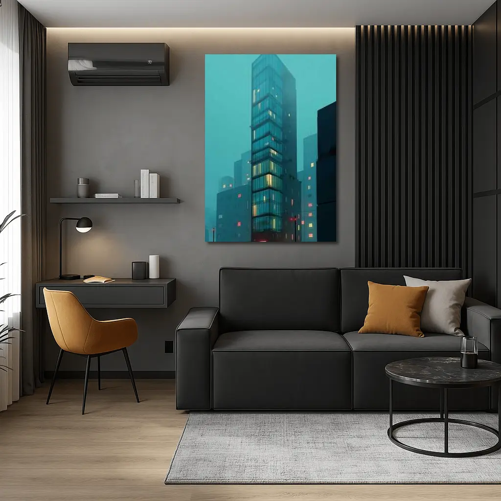 Foggy City Glass Tower Teal Night – Wall Art
