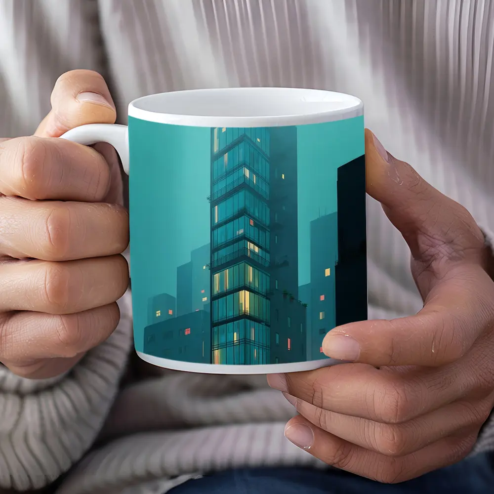 Foggy City Glass Tower Teal Night – Mugs