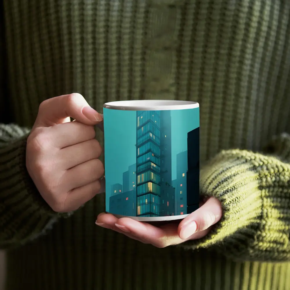 Foggy City Glass Tower Teal Night – Mugs