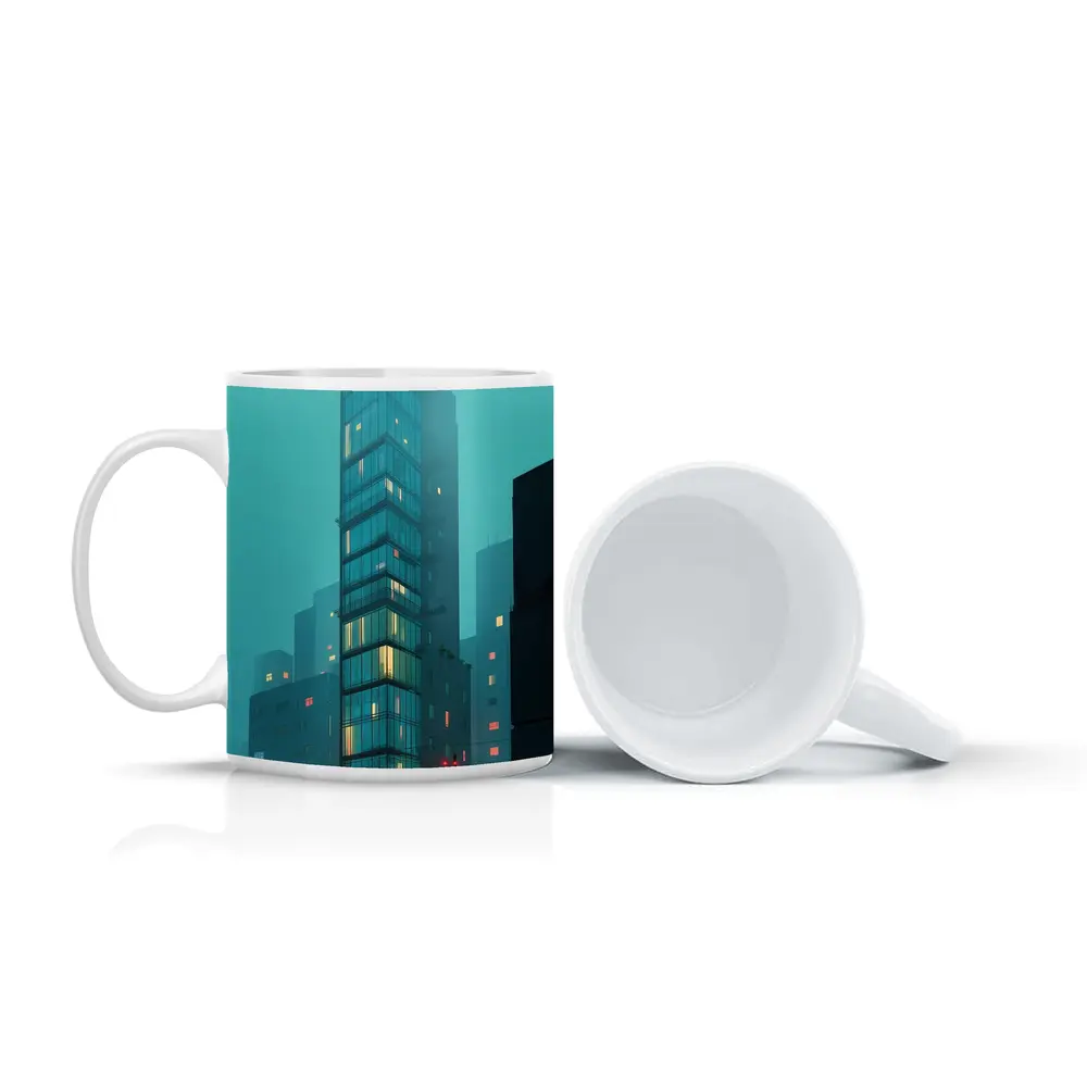 Foggy City Glass Tower Teal Night – Mugs