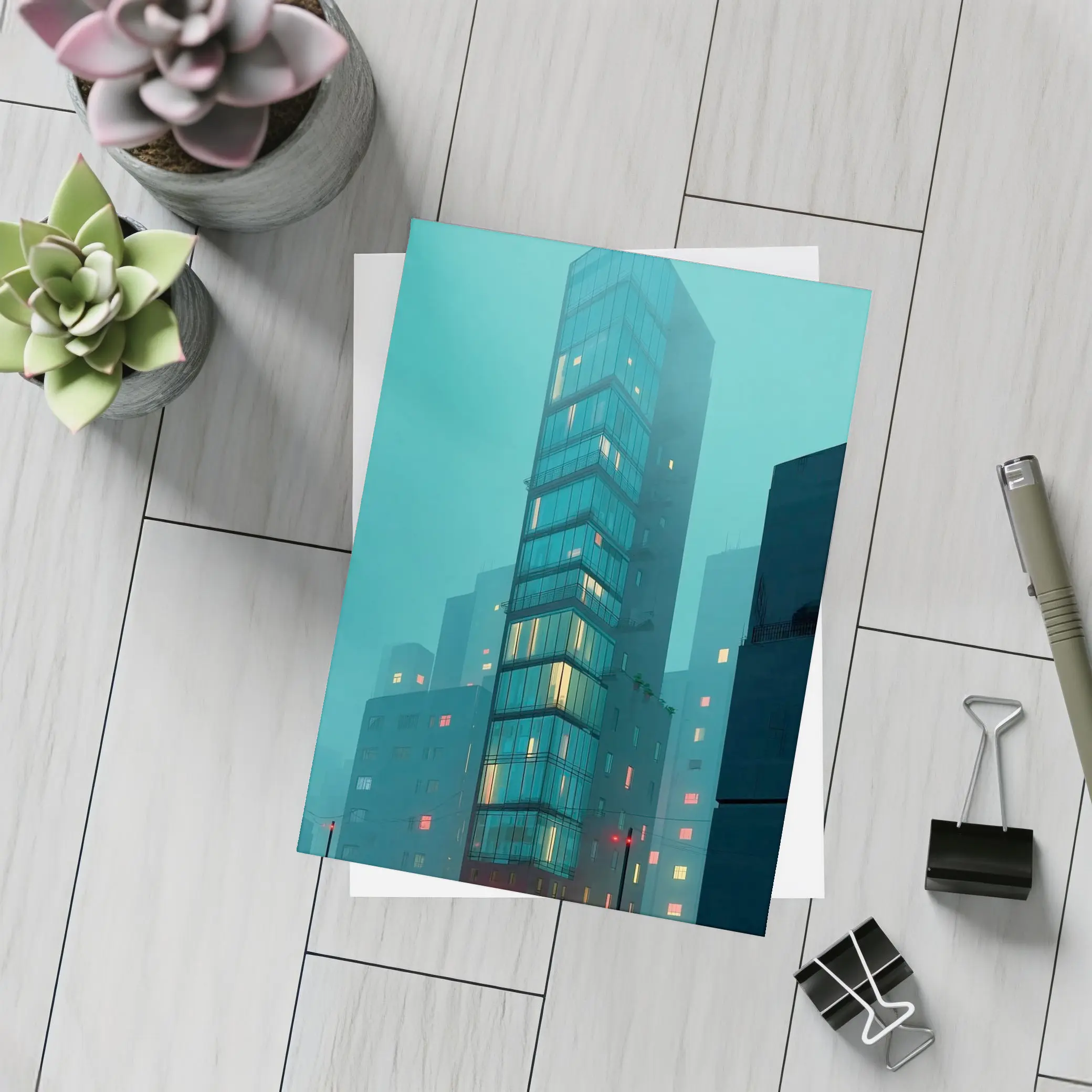Foggy City Glass Tower Teal Night – Postcards