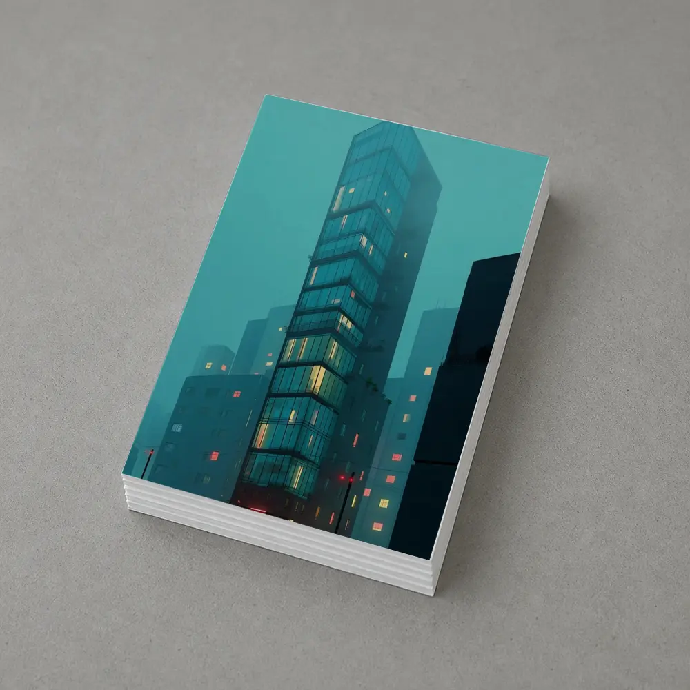 Foggy City Glass Tower Teal Night – Postcards