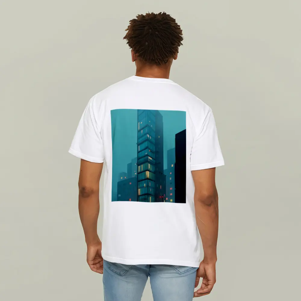 Foggy City Glass Tower Teal Night – T-Shirts