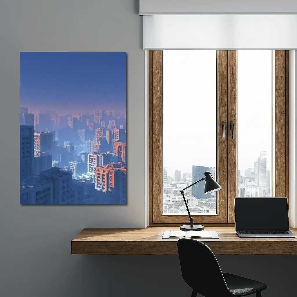 Foggy City Skyline Blue Dusk Aerial View – Wall Art