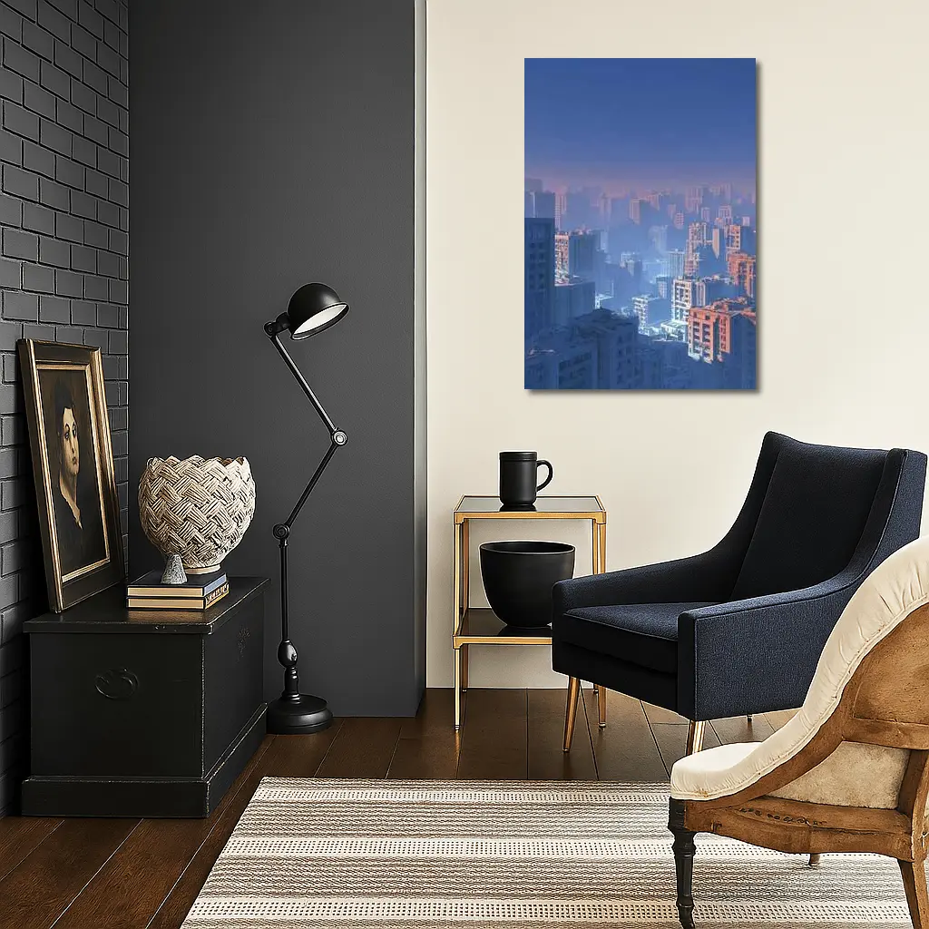 Foggy City Skyline Blue Dusk Aerial View – Wall Art