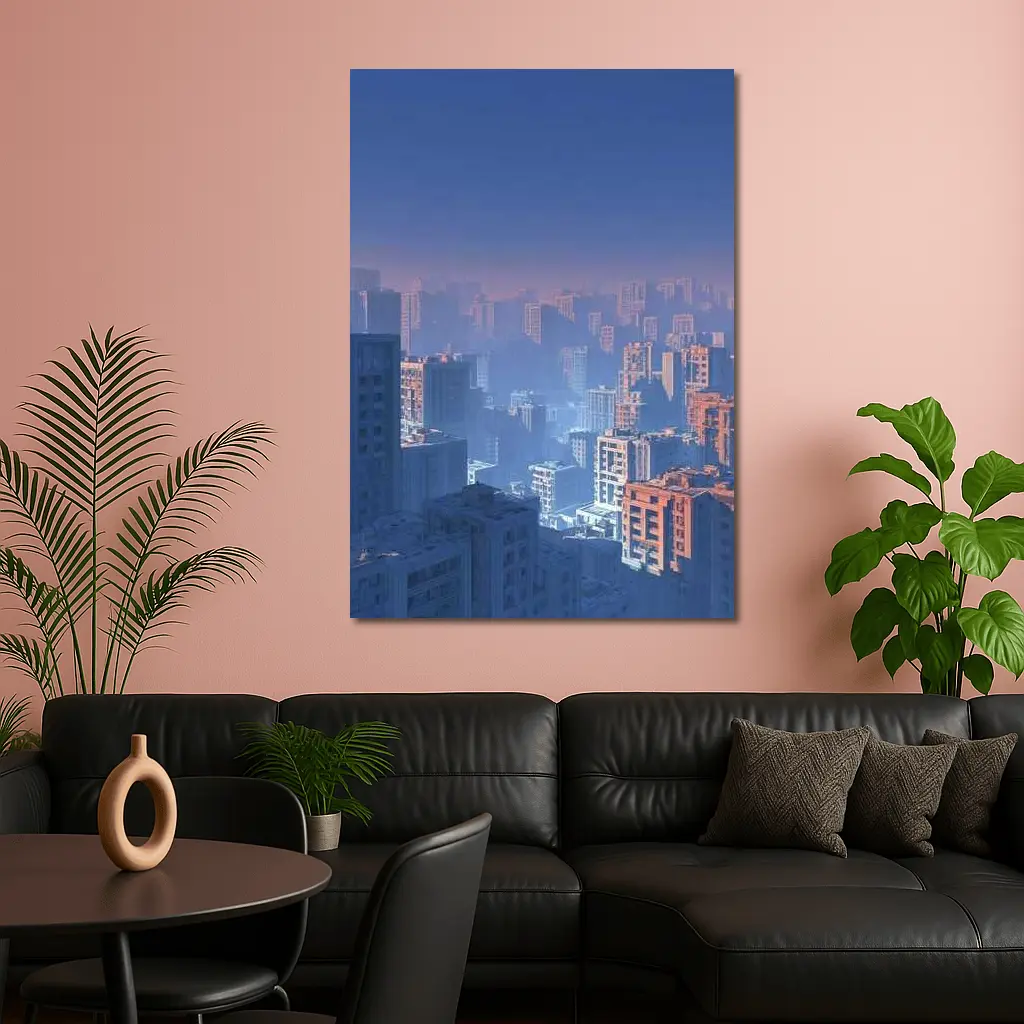 Foggy City Skyline Blue Dusk Aerial View – Wall Art
