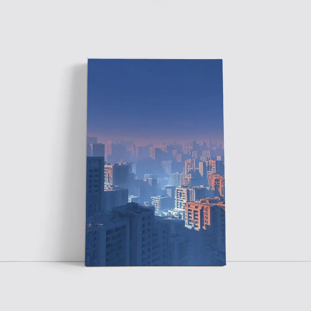 Foggy City Skyline Blue Dusk Aerial View – Wall Art