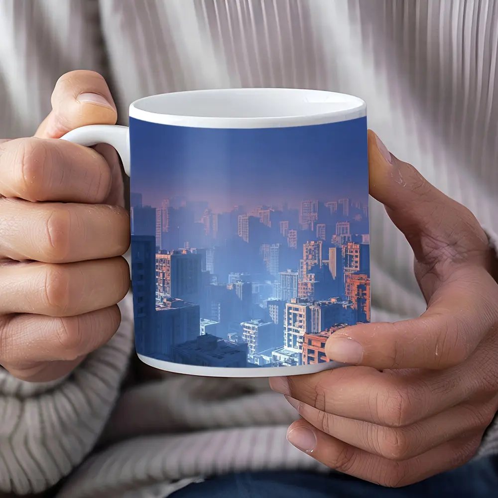 Foggy City Skyline Blue Dusk Aerial View – Mugs