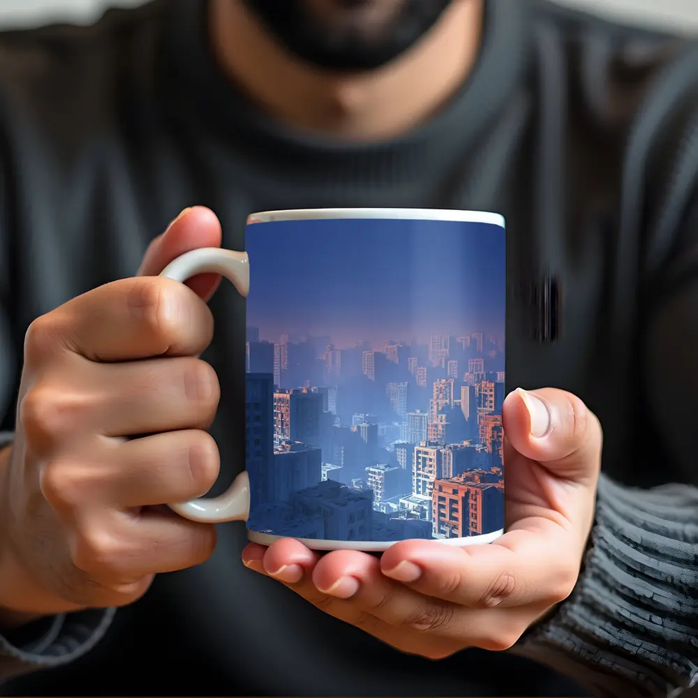 Foggy City Skyline Blue Dusk Aerial View – Mugs
