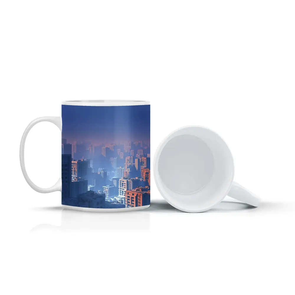Foggy City Skyline Blue Dusk Aerial View – Mugs