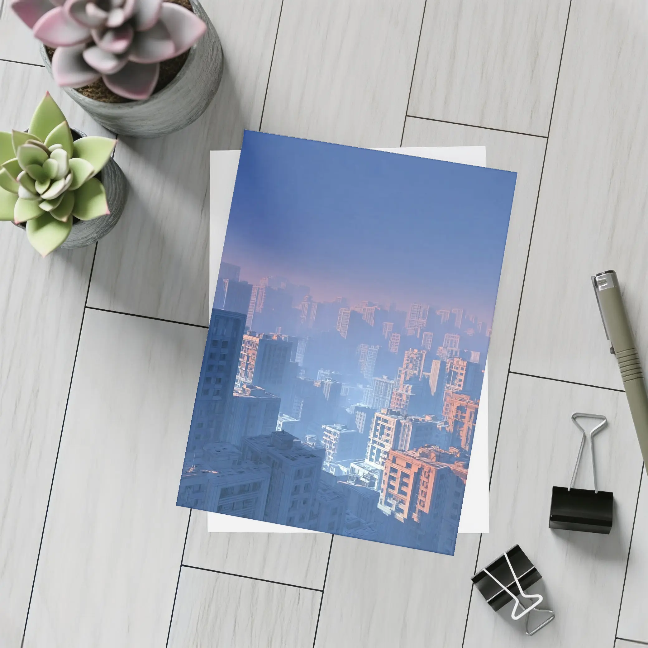 Foggy City Skyline Blue Dusk Aerial View – Postcards