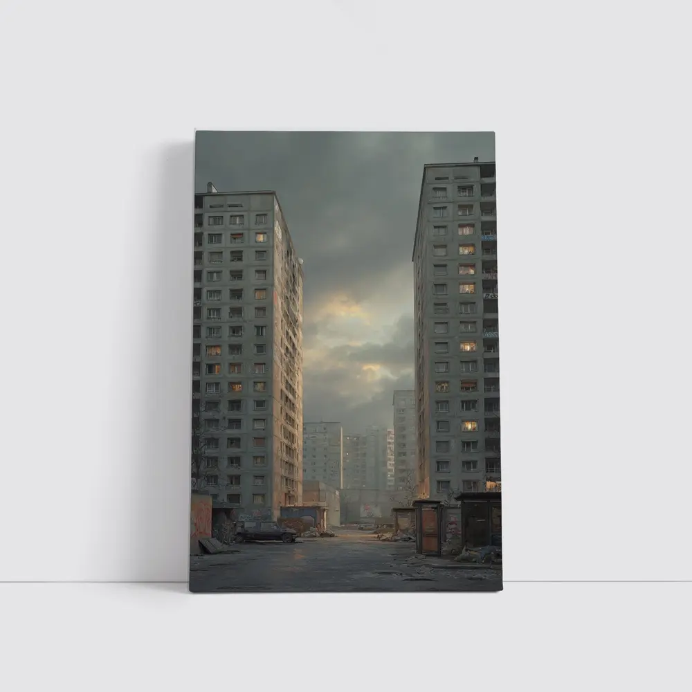 Soviet Brutalist Housing Blocks Overcast Sky – Wall Art
