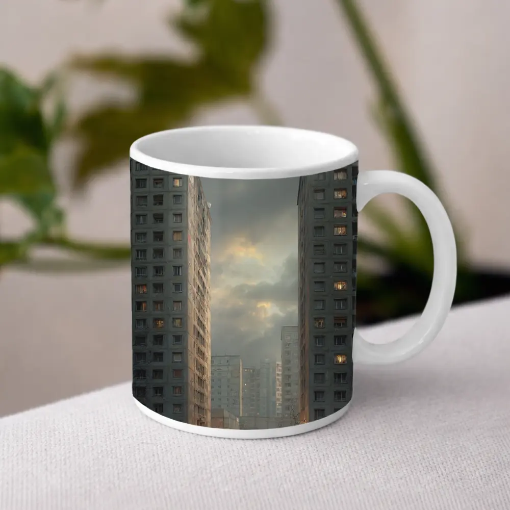 Soviet Brutalist Housing Blocks Overcast Sky – Mugs
