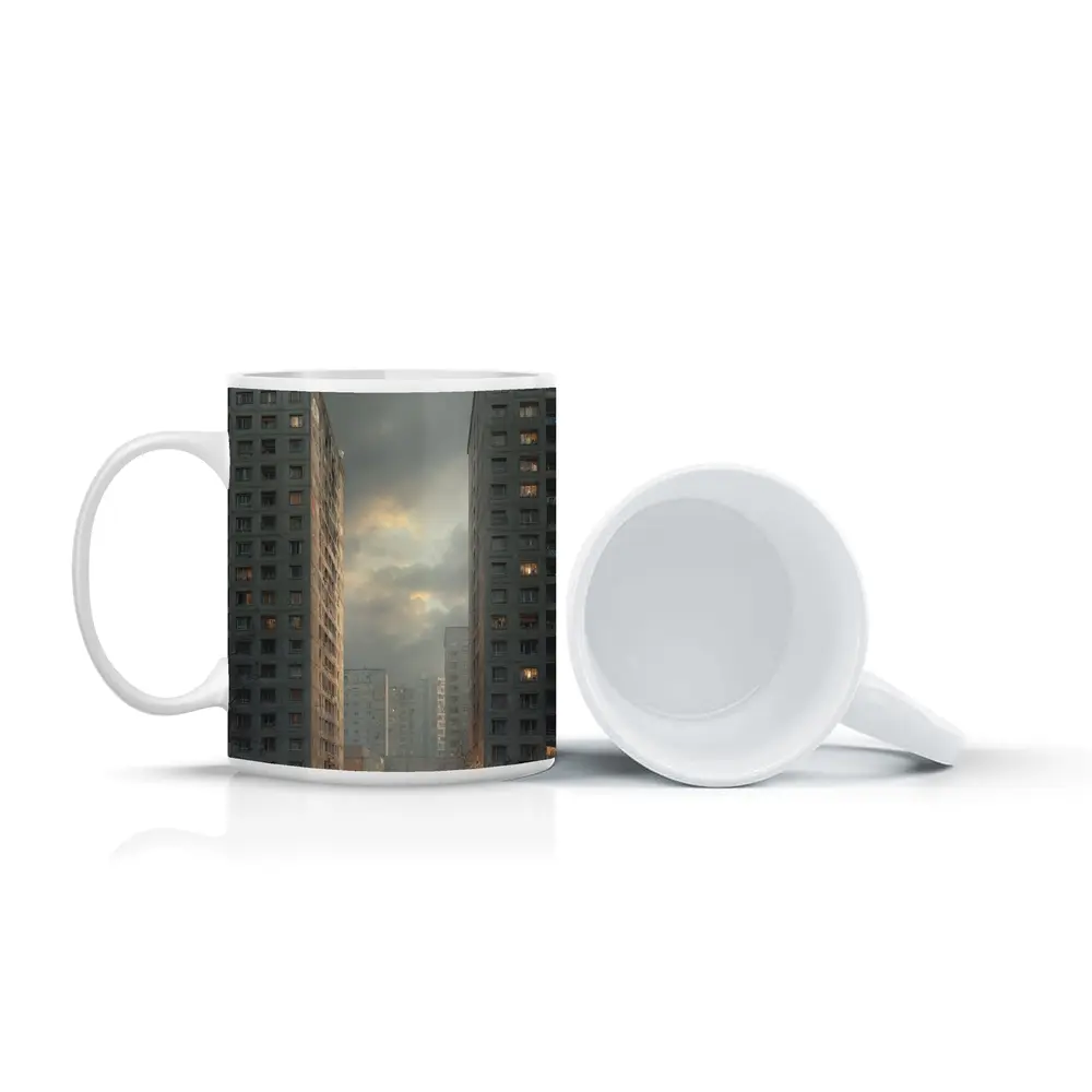 Soviet Brutalist Housing Blocks Overcast Sky – Mugs