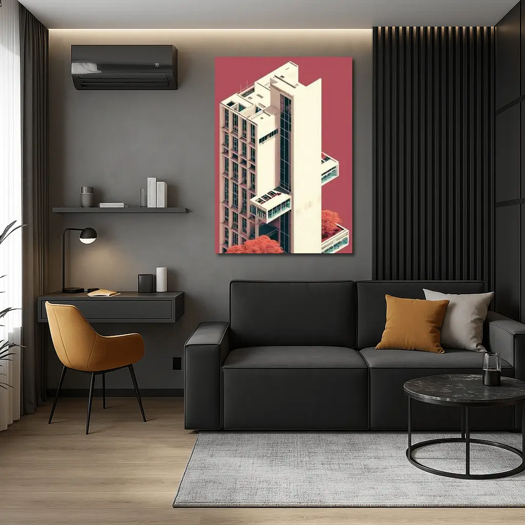 Brutalist Tower Building Pink Minimalist Art – Wall Art