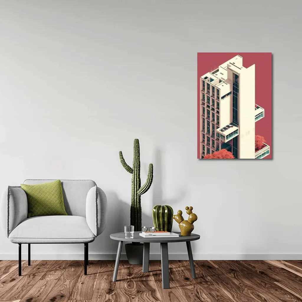 Brutalist Tower Building Pink Minimalist Art – Wall Art