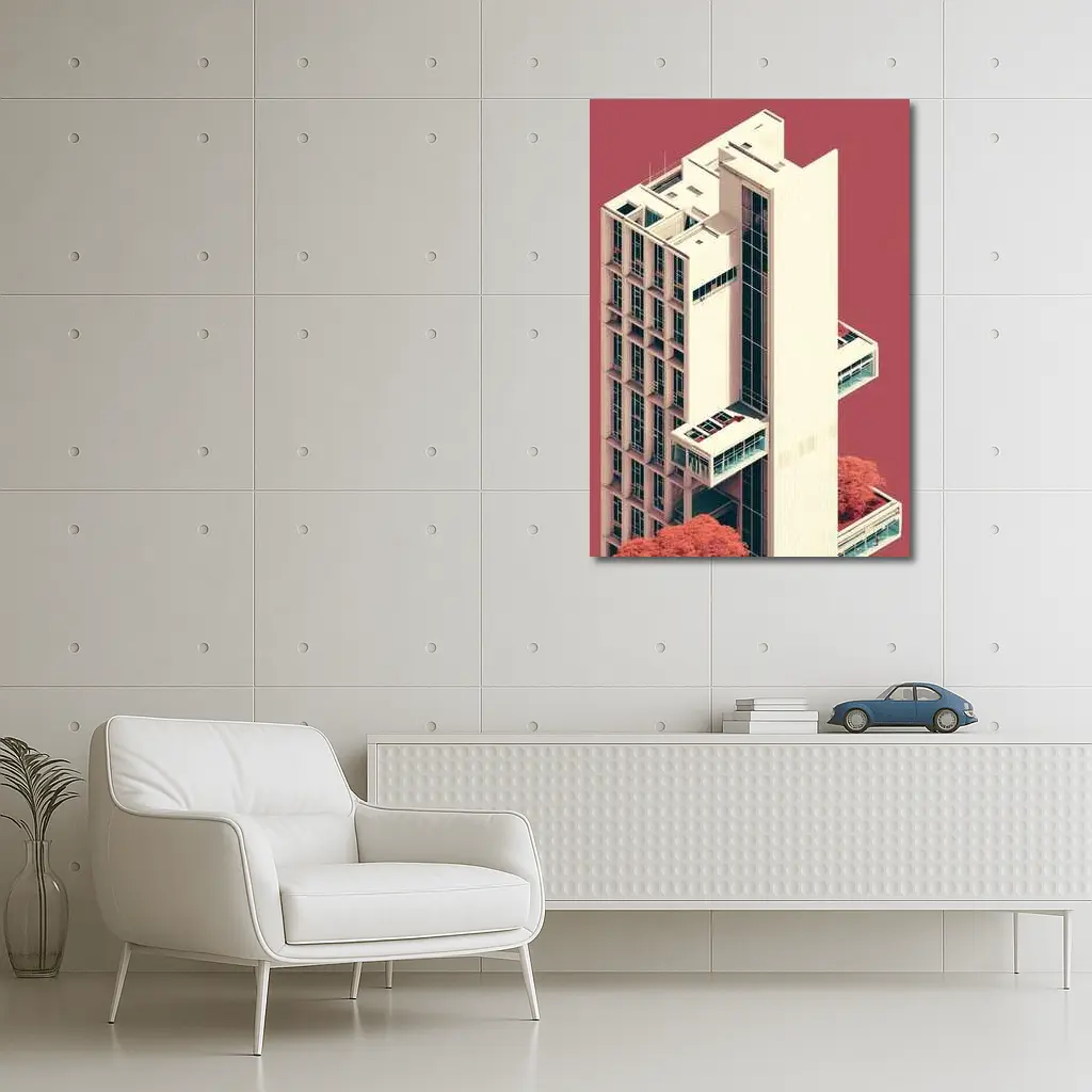 Brutalist Tower Building Pink Minimalist Art – Wall Art