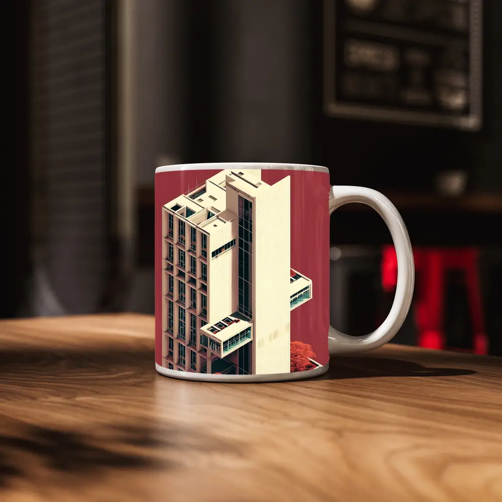 Brutalist Tower Building Pink Minimalist Art – Mugs