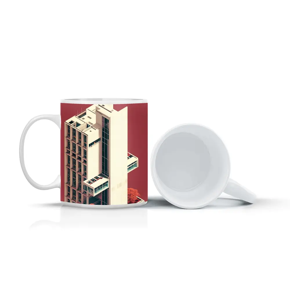 Brutalist Tower Building Pink Minimalist Art – Mugs