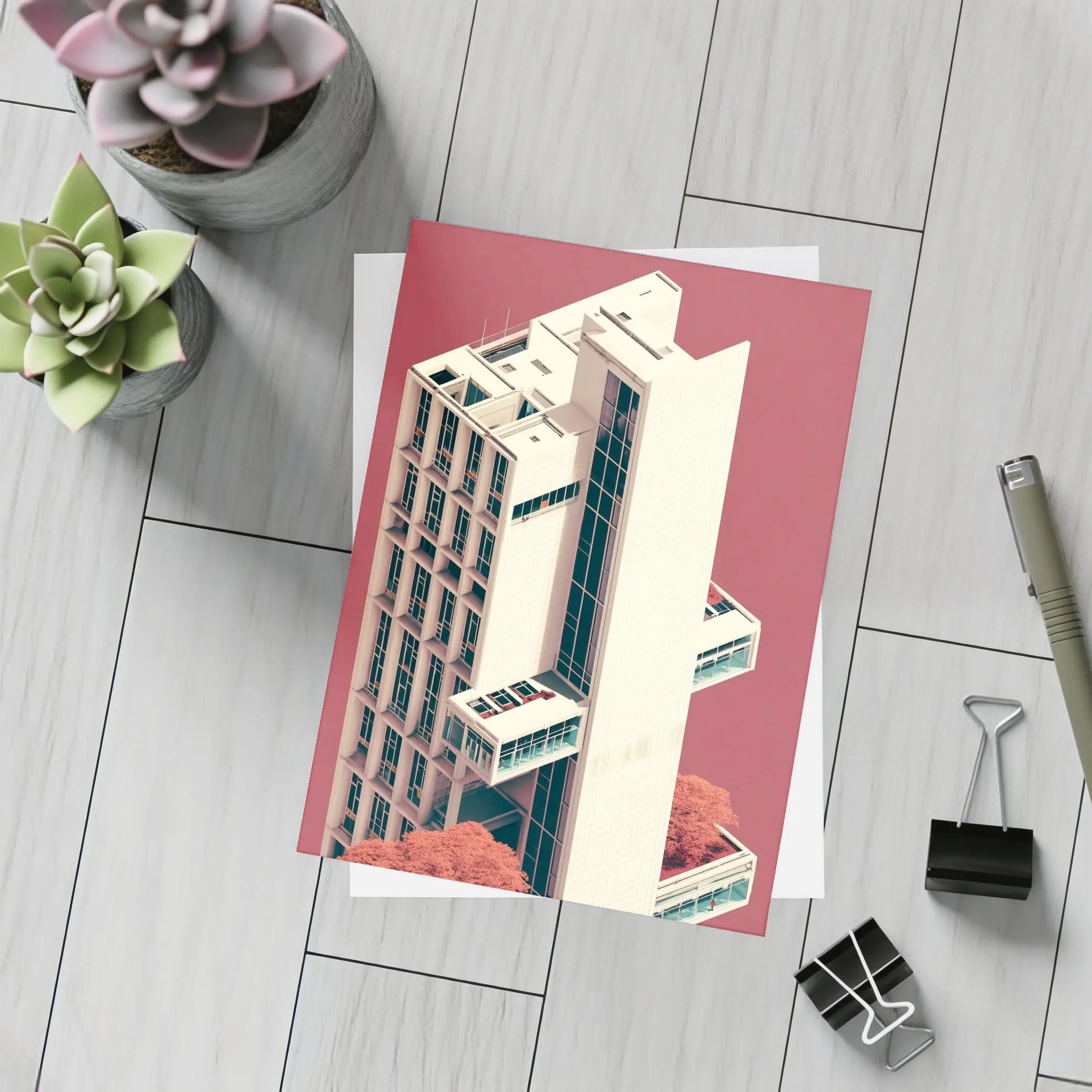 Brutalist Tower Building Pink Minimalist Art – Postcards
