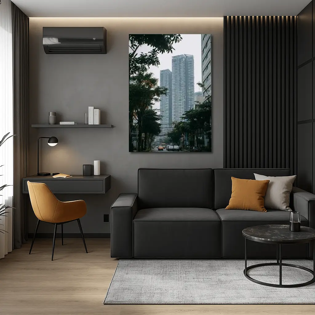 City Street High Rise Towers Overcast Sky – Wall Art