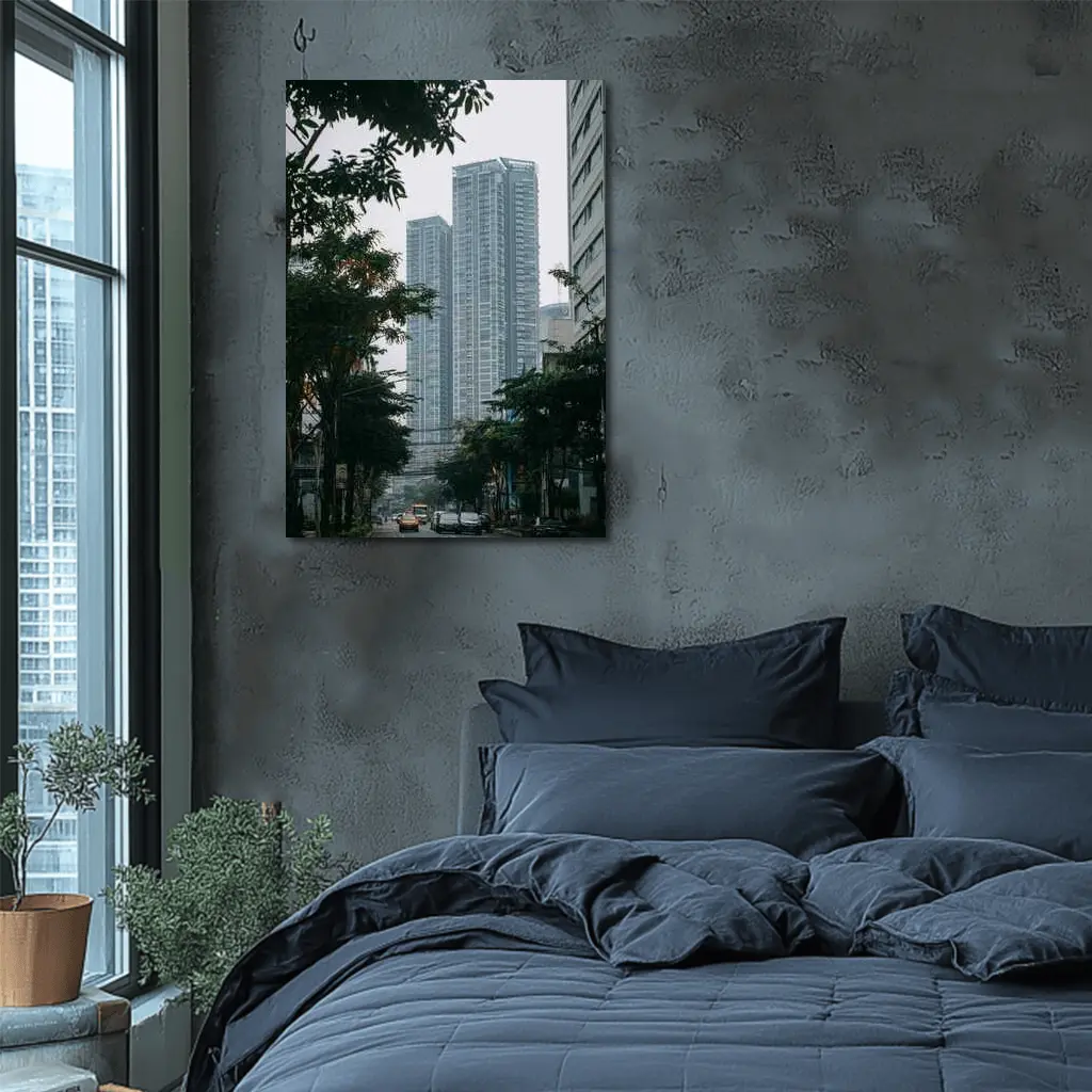 City Street High Rise Towers Overcast Sky – Wall Art
