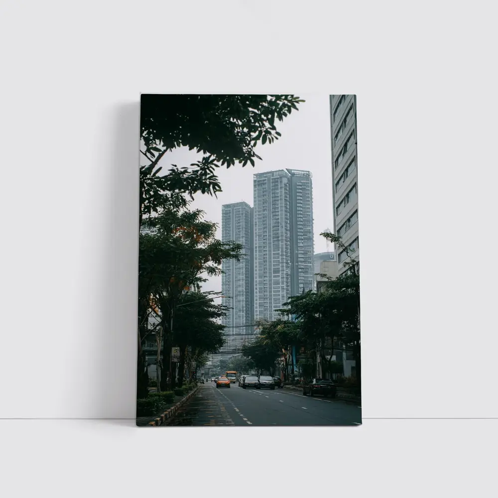 City Street High Rise Towers Overcast Sky – Wall Art