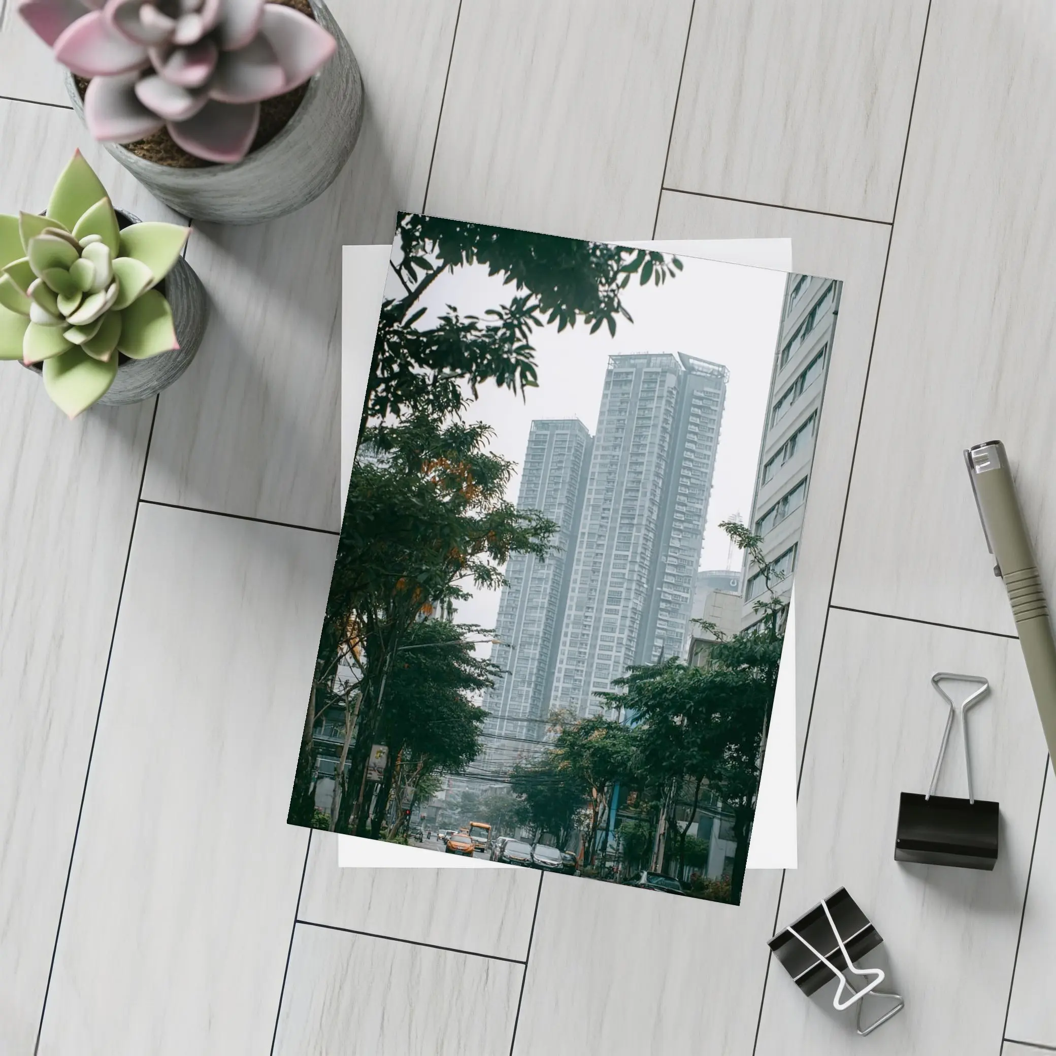 City Street High Rise Towers Overcast Sky – Postcards