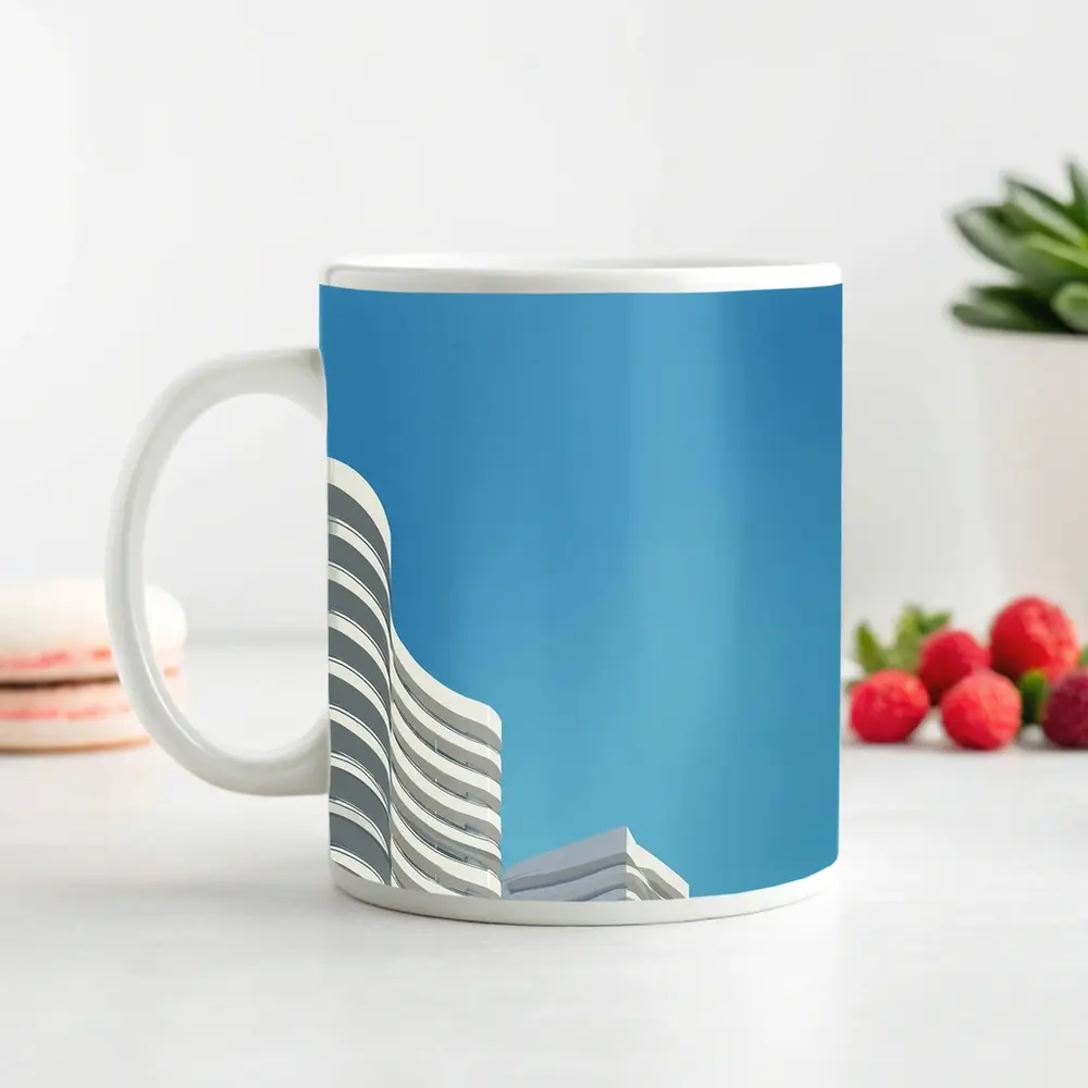 White Curved Buildings Against Blue Sky – Mugs