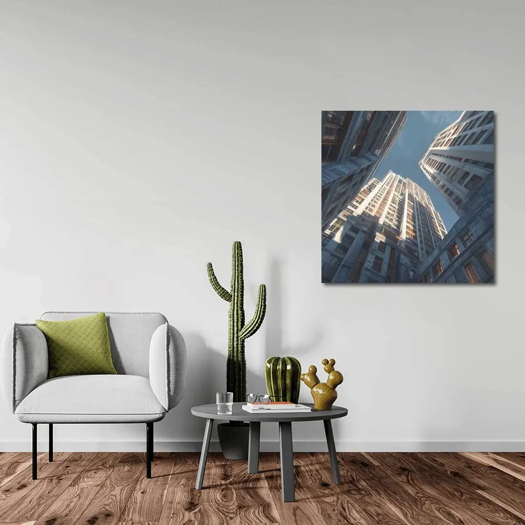 Looking Up Between Gray City Skyscrapers – Wall Art