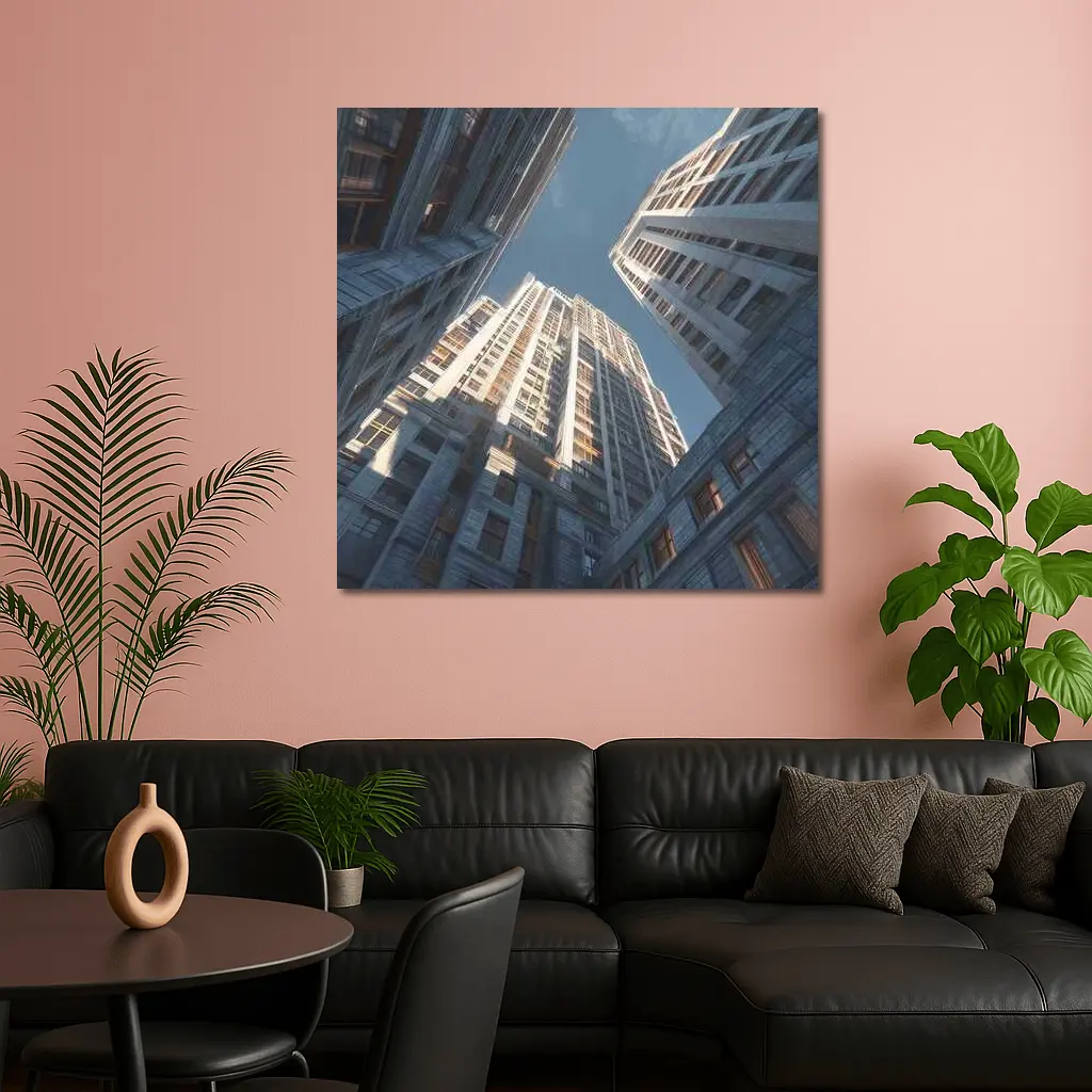 Looking Up Between Gray City Skyscrapers – Wall Art