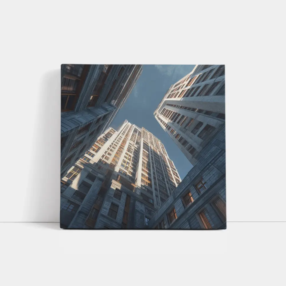 Looking Up Between Gray City Skyscrapers – Wall Art