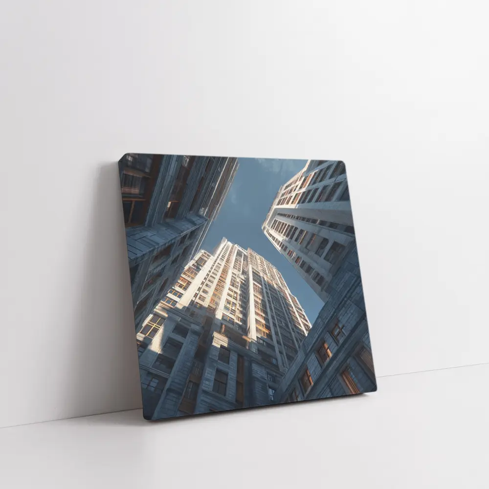 Looking Up Between Gray City Skyscrapers – Wall Art