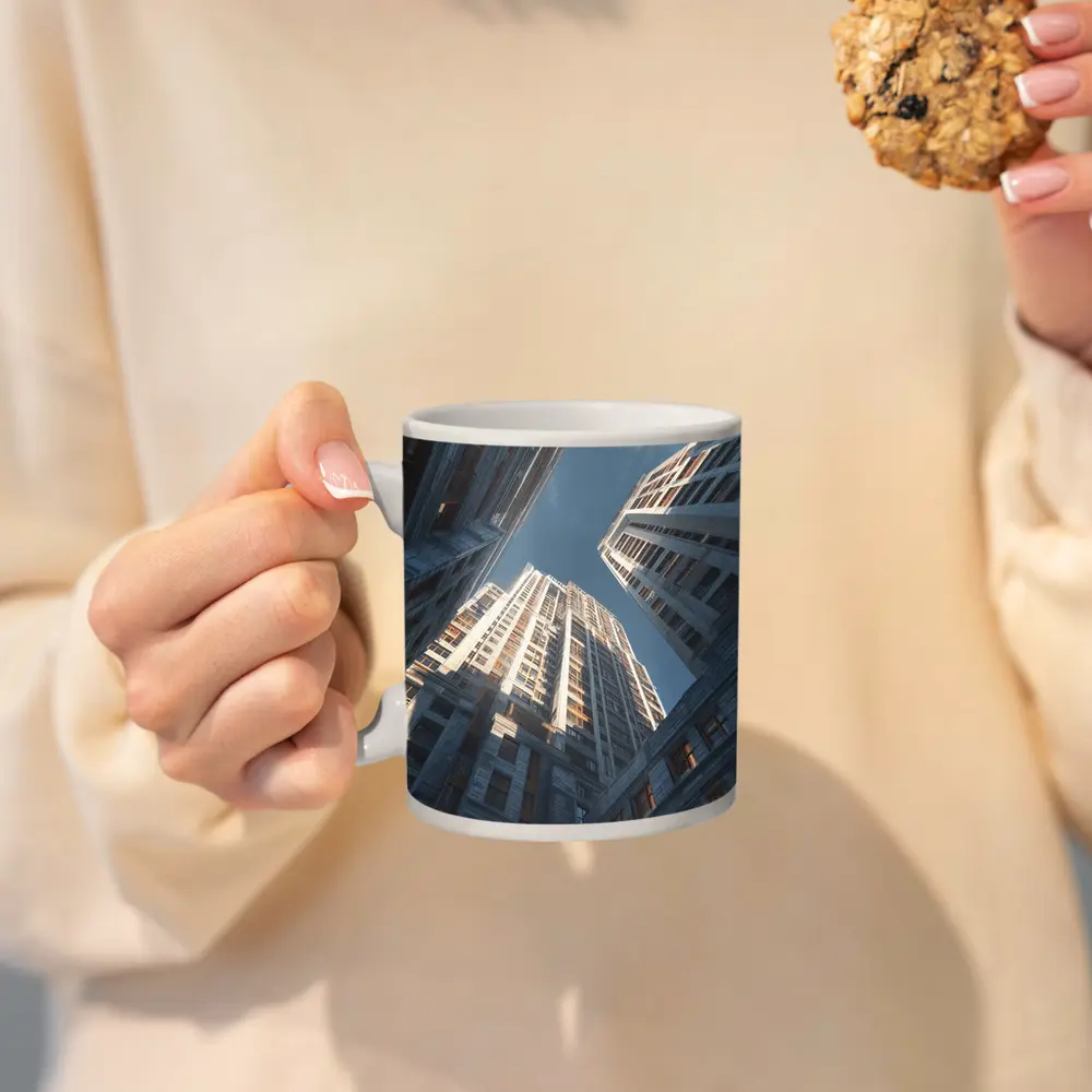 Looking Up Between Gray City Skyscrapers – Mugs