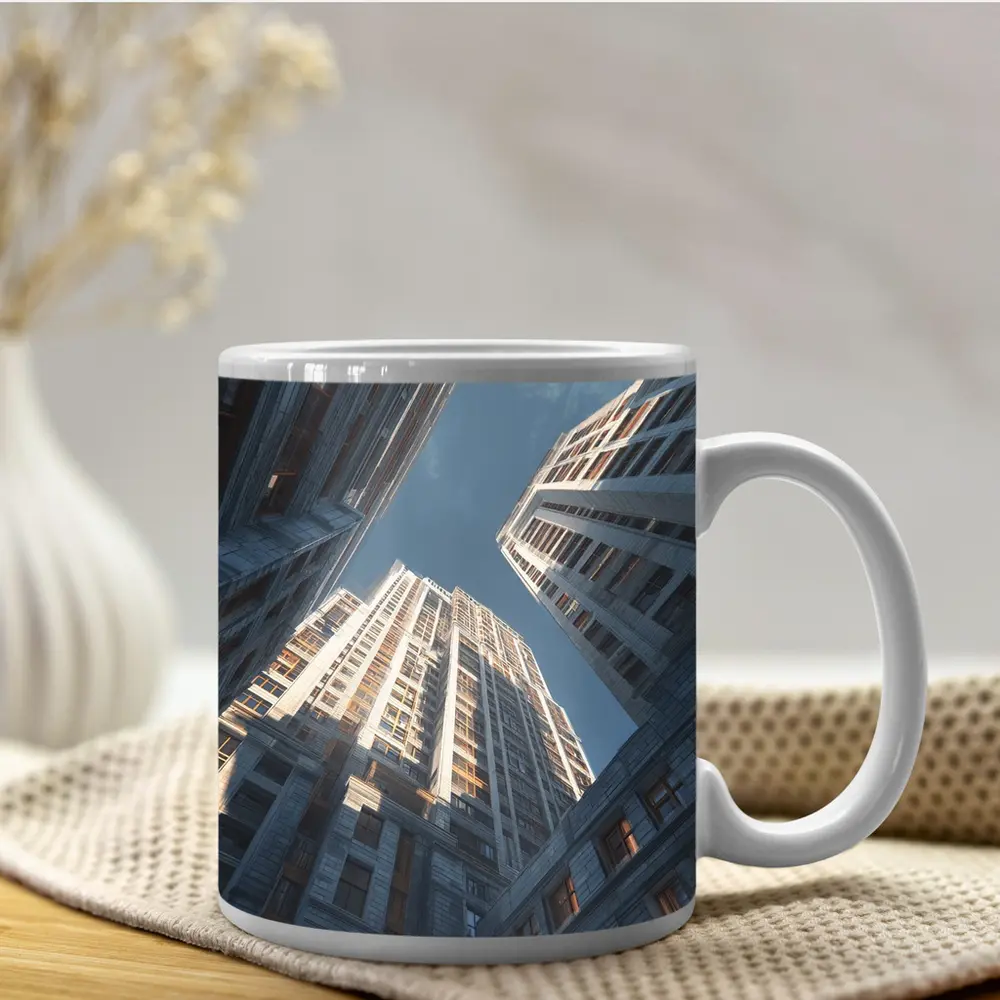 Looking Up Between Gray City Skyscrapers – Mugs